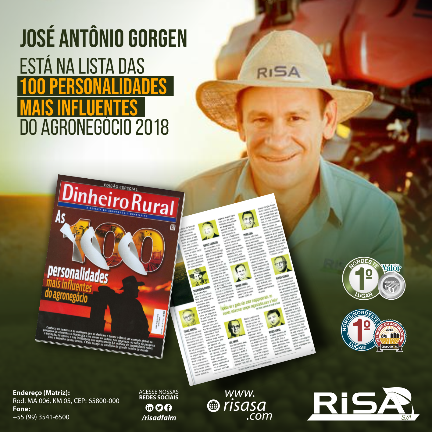 José Antônio Gorgen, Diretor Presidente da Risa SA, entre os mais influentes do agro 2018