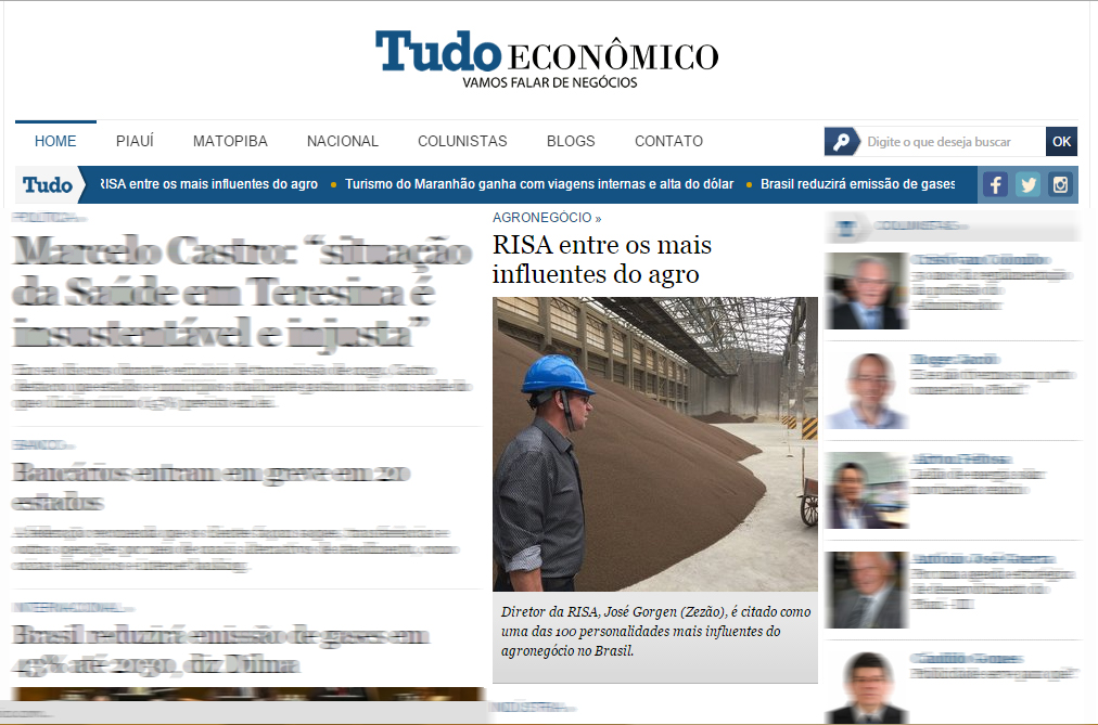 RISA é destaque no página principal do site tudoeconomico.com